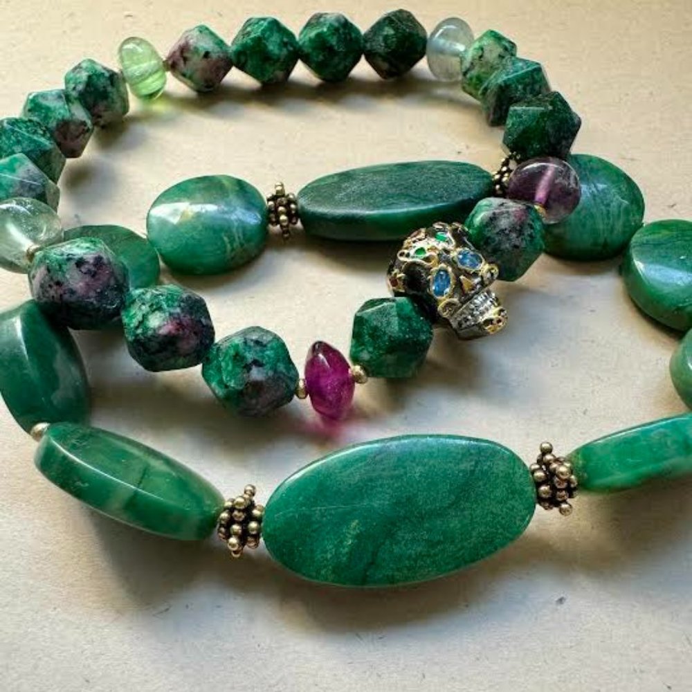 Set of2 Green Stones, Natural Stones, Bohemian Style Stretch Bracelets  Handmade